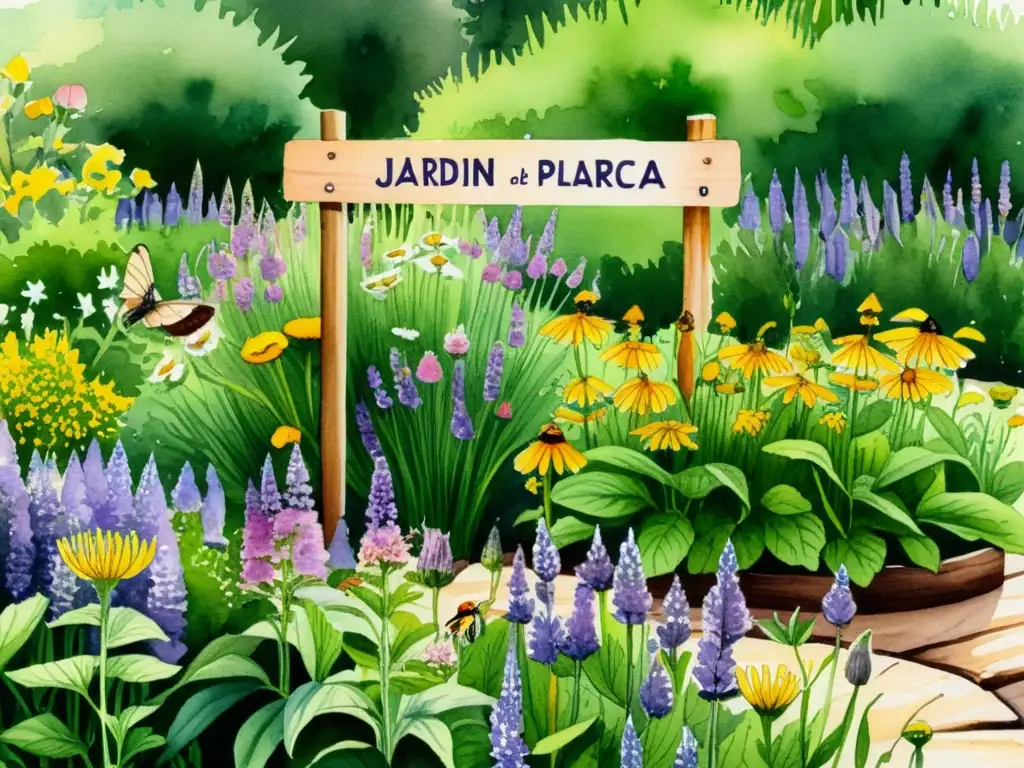 Un jardín de plantas medicinales rebosante de vida y color, evocando serenidad y la transformación mediante el uso de plantas medicinales