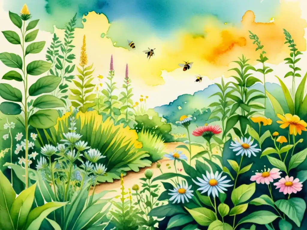 Un jardín de plantas medicinales resistente a sequías, ilustrado en acuarela con vibrantes colores y detalles, bañado por la cálida luz del sol