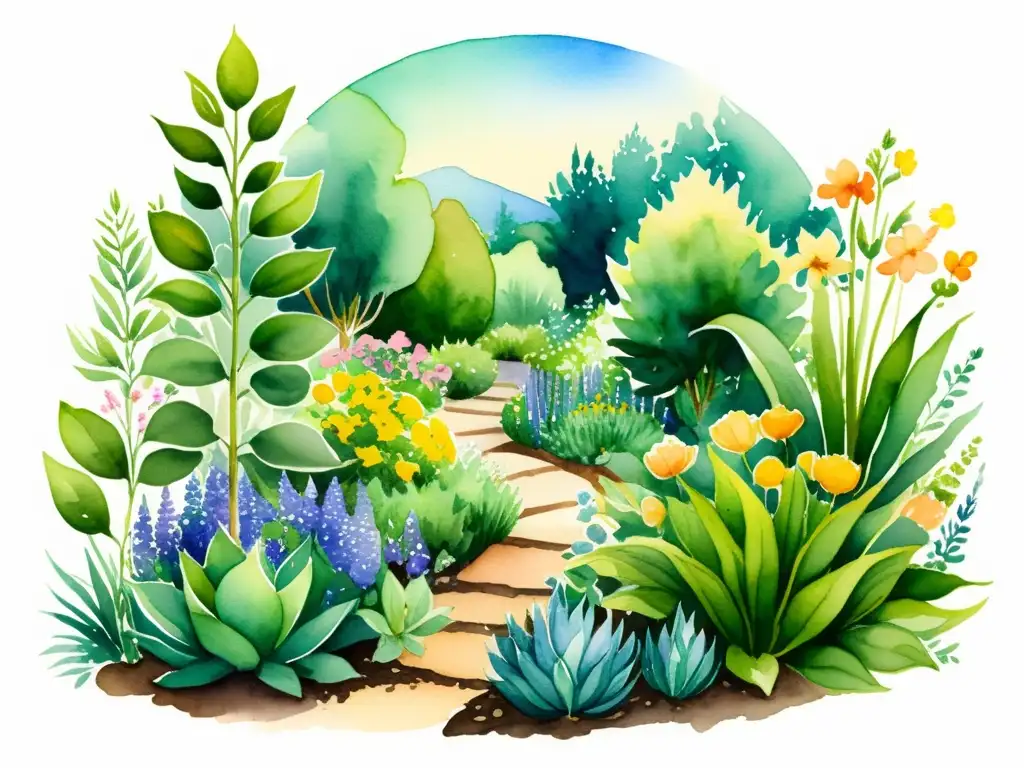 Un jardín de plantas medicinales resistentes a sequías, vibrantes y serenas, invita a la exploración en acuarela