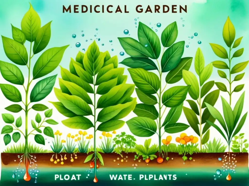 Un jardín de plantas medicinales vibrante y exuberante con un sistema de riego eficiente que realza su vitalidad y belleza