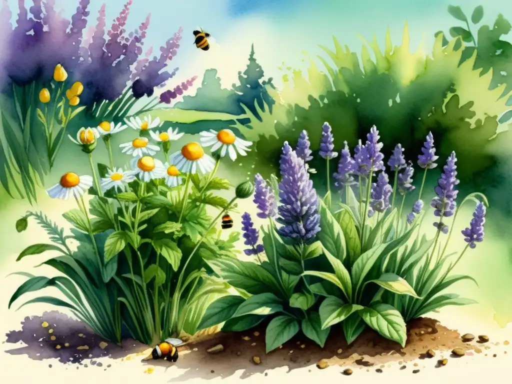 Jardín de plantas medicinales: Acuarela vibrante Un jardín de plantas medicinales vibrantes y saludables, bañado por la luz solar, muestra métodos de riego para plantas medicinales
