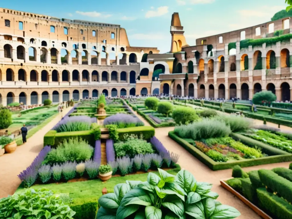 Un jardín romano exuberante con ciudadanos romanos cuidando hierbas medicinales