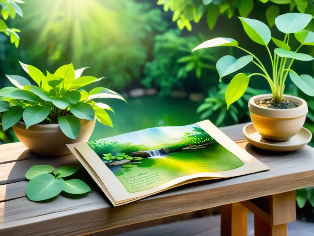 Un jardín sereno de Brahmi con beneficios para memoria, bañado por la luz solar y la sabiduría de Ayurveda