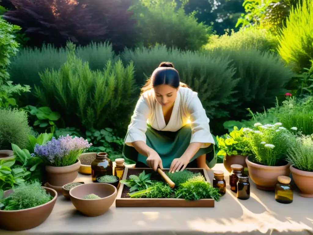 Un jardín sereno y exuberante con hierbas y flores vibrantes, donde una figura prepara remedios herbales