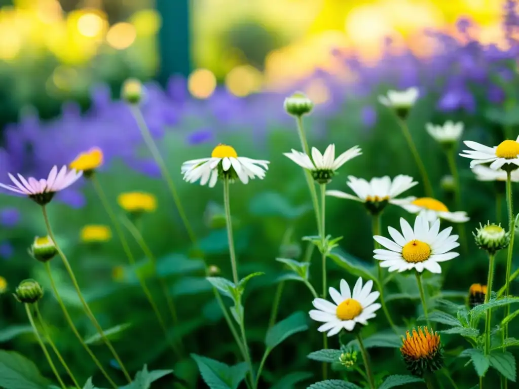 Un jardín sereno y exuberante con plantas medicinales vibrantes, bañado por el sol