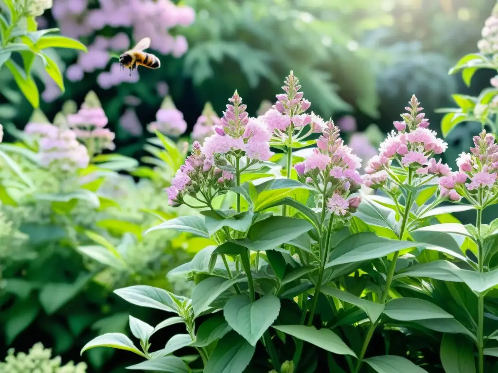 Un jardín sereno con flores de valeriana en plena floración, donde las abejas y mariposas añaden vitalidad