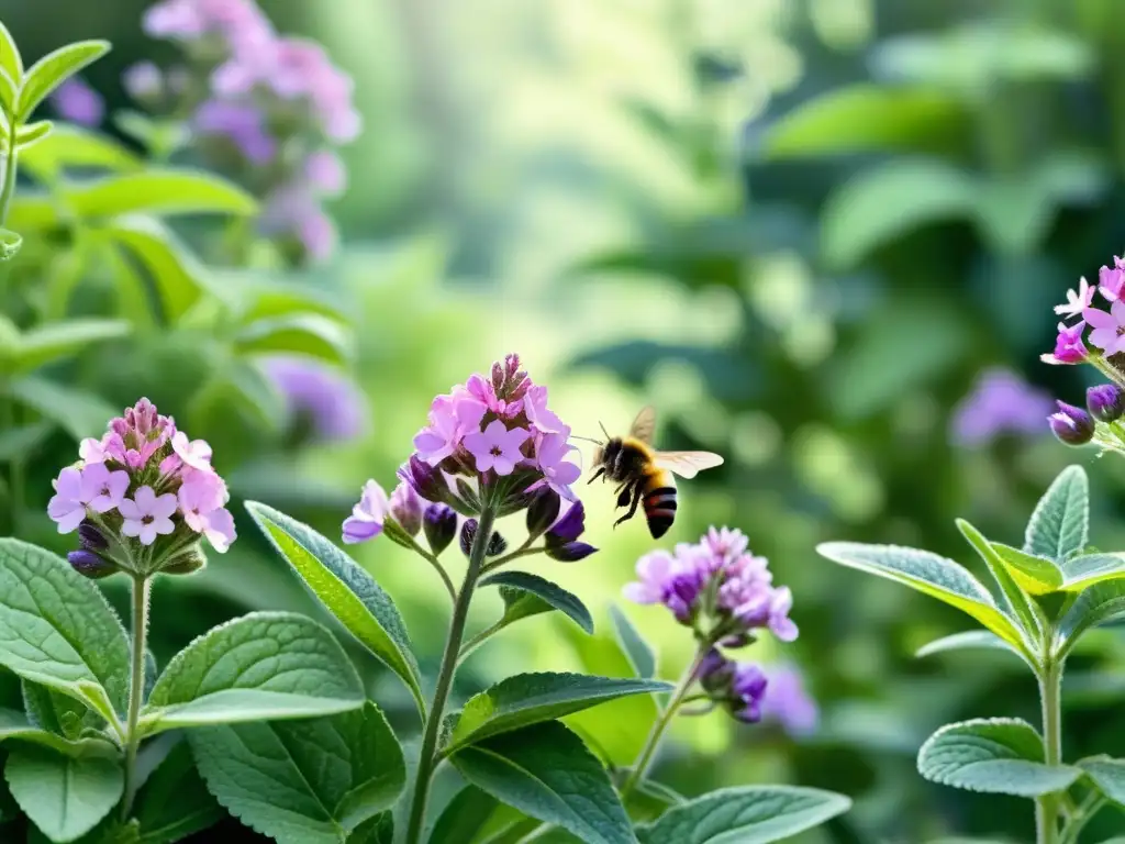 Un jardín sereno con flores de verbena morada vibrante, hojas verdes y luz filtrada, evocando los beneficios de la verbena para estrés muscular