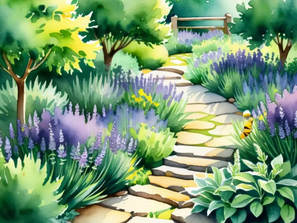Jardín de hierbas en acuarela: una serena explosión de color y vida Un jardín sereno lleno de hierbas vibrantes y florecientes como lavanda, romero y salvia