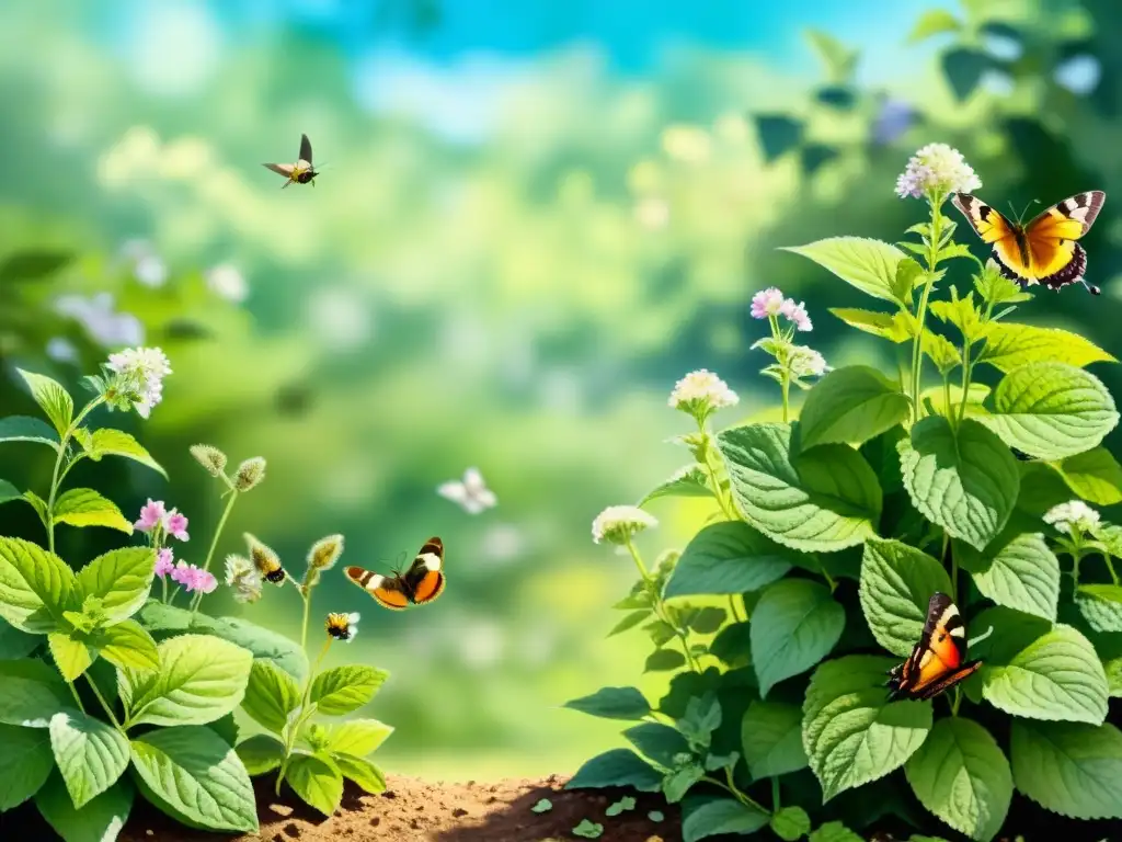 Un jardín sereno con melisa vibrante, mariposas, colibríes y una atmósfera de tranquilidad