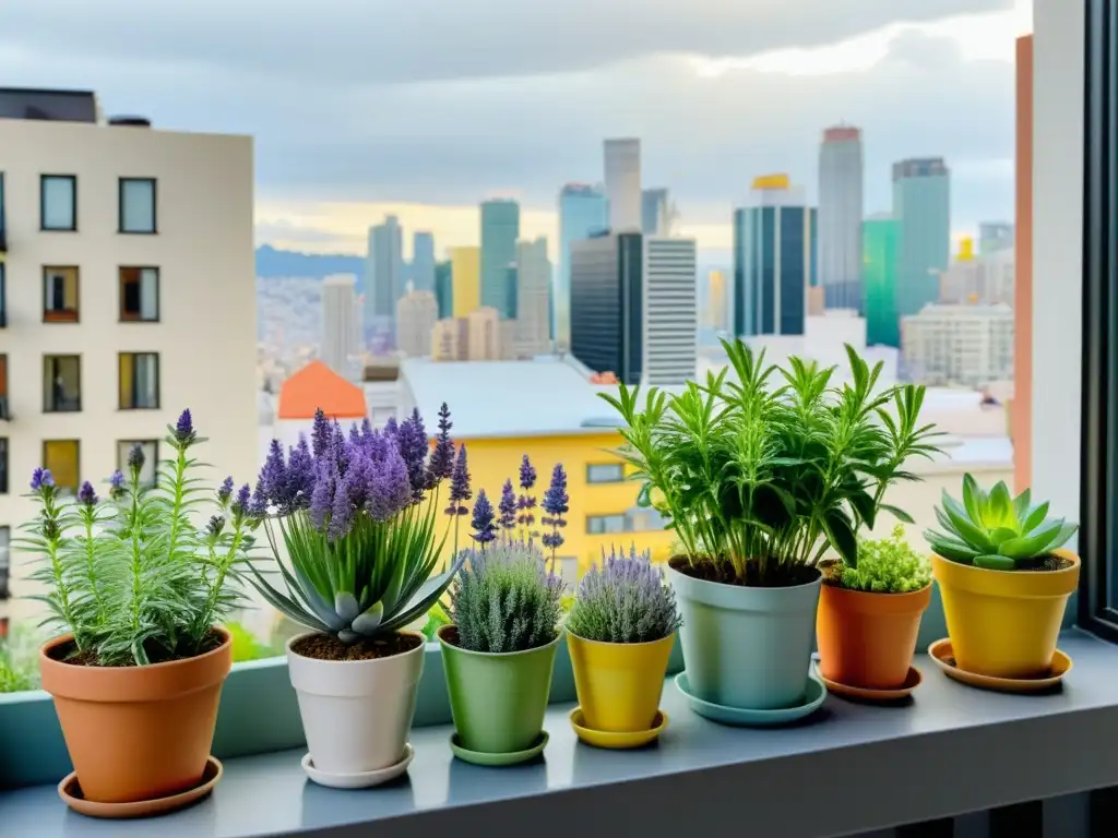 Jardinería en apartamentos con plantas medicinales: balcón acogedor con ilustraciones de plantas en macetas, ciudad de fondo y luz cálida