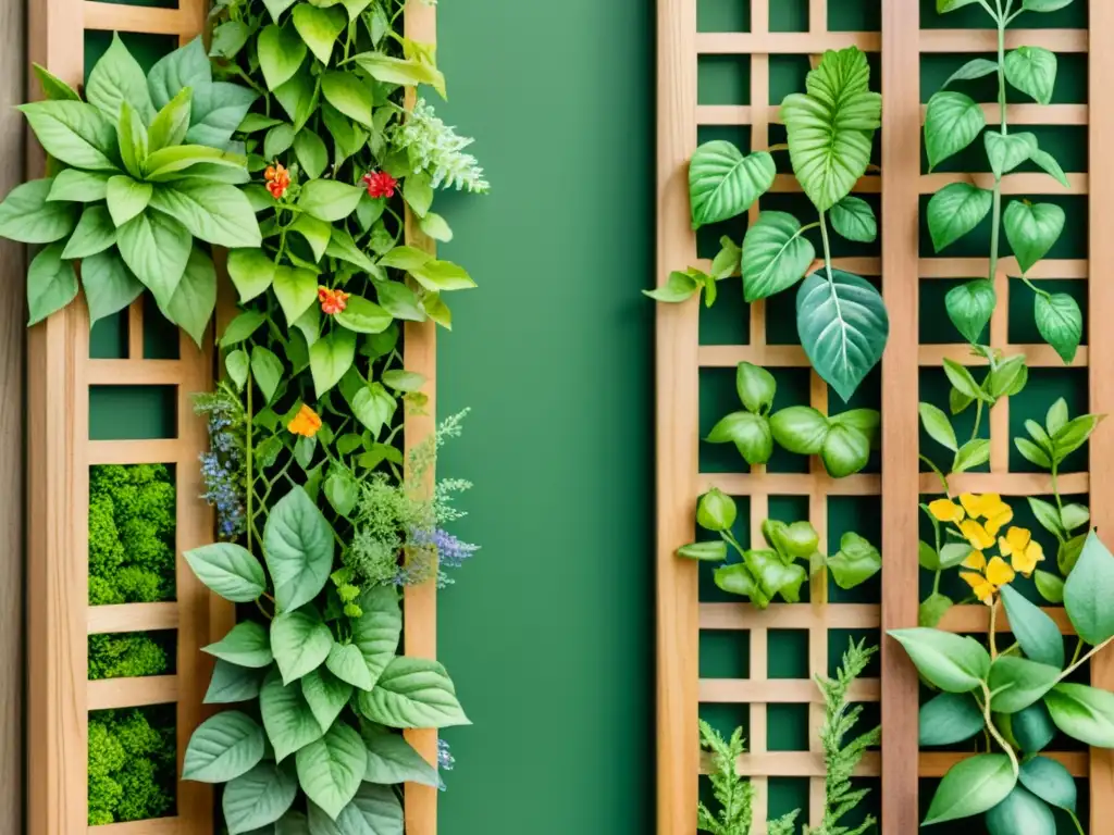 Jardinería vertical con plantas medicinales: Detallada acuarela de un exuberante jardín vertical, evocando tranquilidad y belleza natural