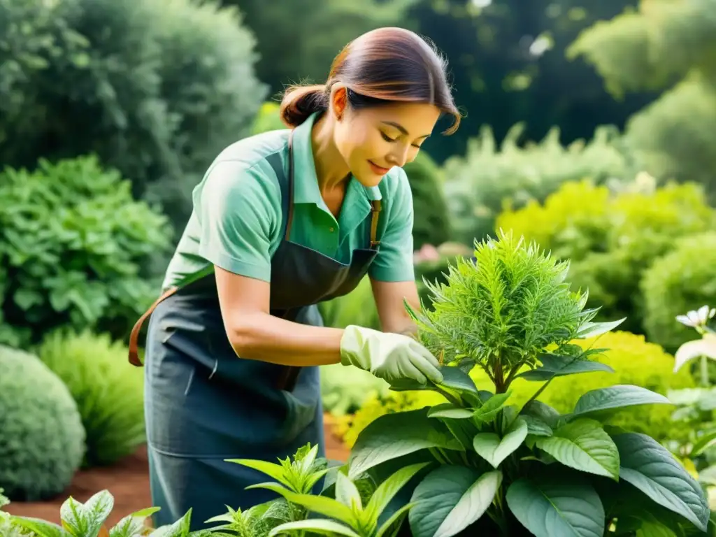 Un hábil jardinero poda con cuidado una exuberante planta medicinal en un jardín soleado, transmitiendo expertise y cuidado