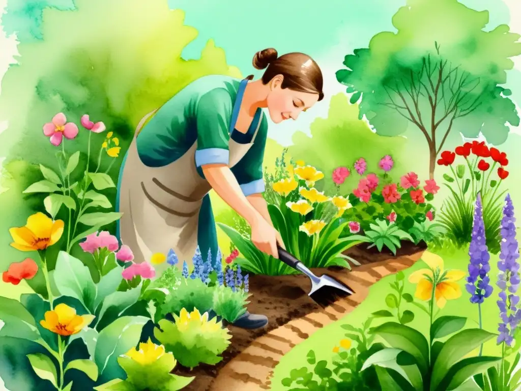 Un jardinero cuida con esmero un exuberante jardín de plantas medicinales, preparando suelos con destreza y amor