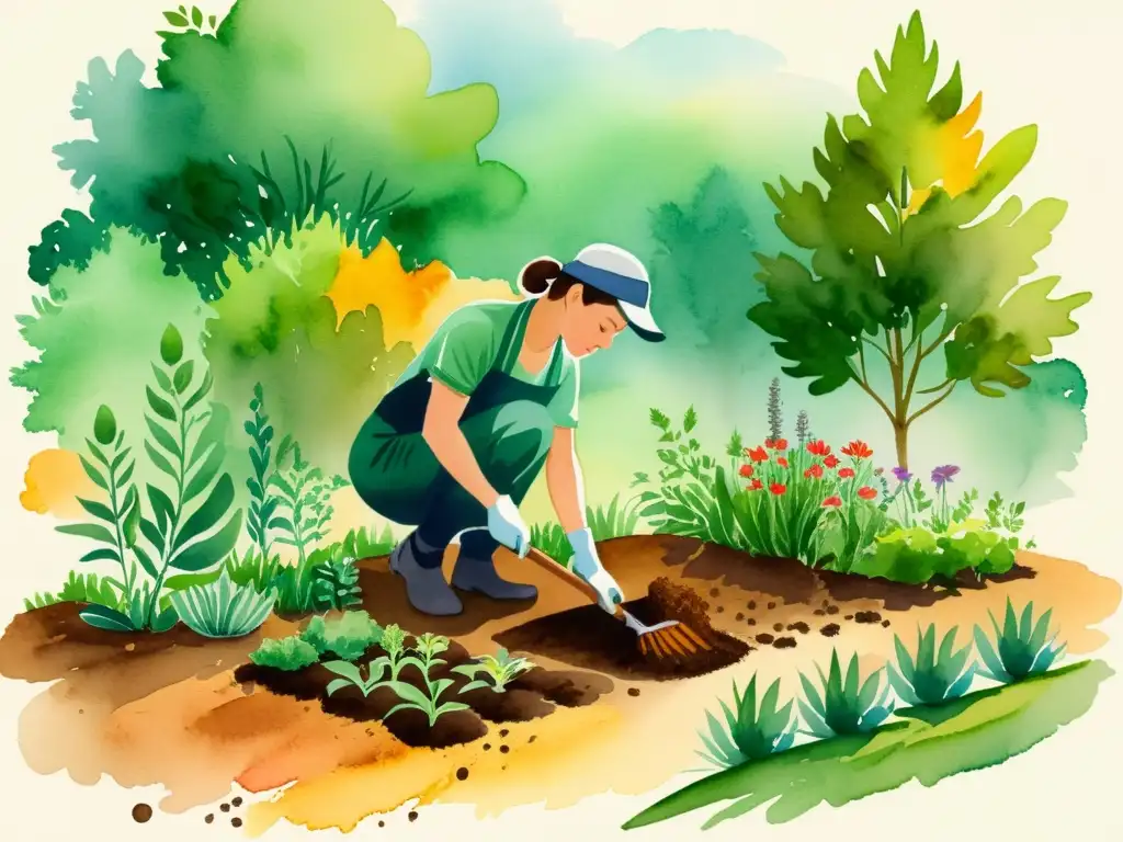 Un jardinero prepara el suelo en un jardín medicinal vibrante, envuelto en cálida luz, mostrando la preparación de suelos para jardines medicinales