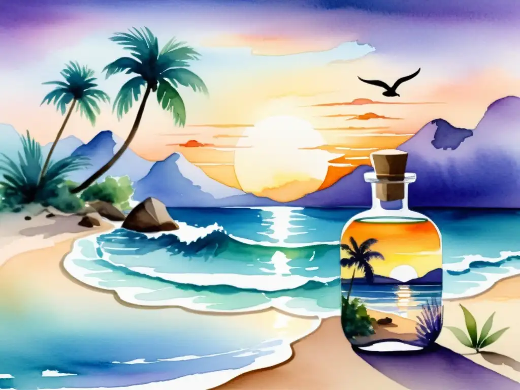 Aromaterapia para aliviar jet lag: Pintura en acuarela de atardecer en playa tranquila con palmeras y esencia de lavanda y eucalipto