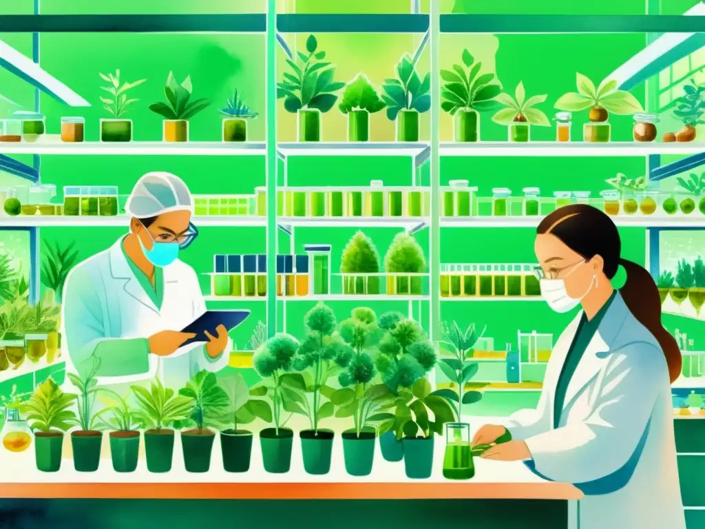 Un laboratorio bullicioso lleno de tecnología de inteligencia artificial y expertos en fitoterapia seleccionando plantas medicinales