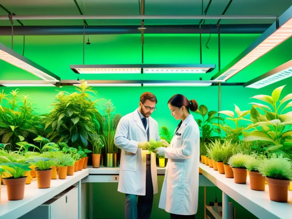 Un laboratorio con científicos en batas blancas trabajando con plantas bajo luces fluorescentes