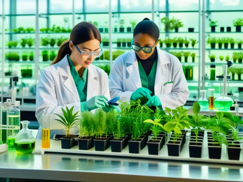 Un laboratorio con científicos biofabricando compuestos medicinales de plantas, entre luz natural y equipos científicos