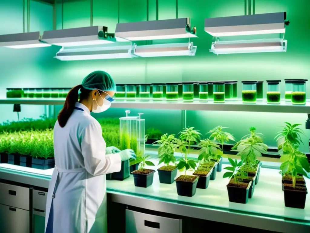 Un laboratorio detallado donde científicos cultivan y estudian tejidos de plantas medicinales con precisión y cuidado