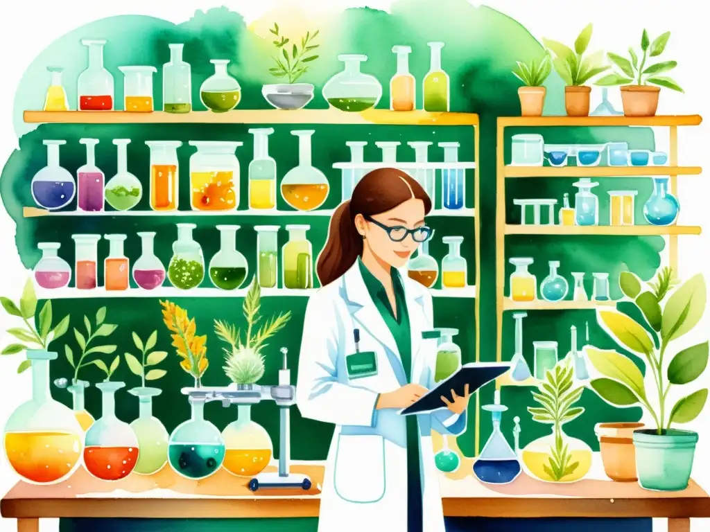 Ilustración acuarela de laboratorio con detalles botánicos y científicos