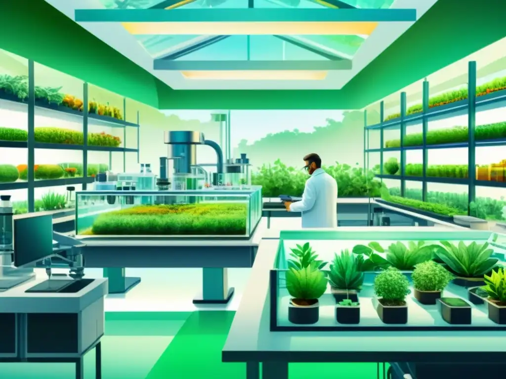 Un laboratorio futurista con científicos utilizando inteligencia artificial para estudiar plantas medicinales