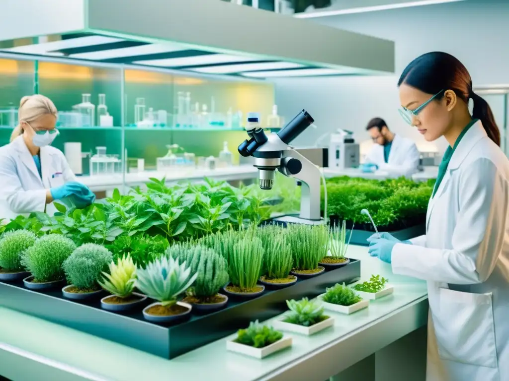 Un laboratorio futurista donde científicos manipulan genéticamente plantas medicinales, creando patrones asombrosos en sus hojas y pétalos