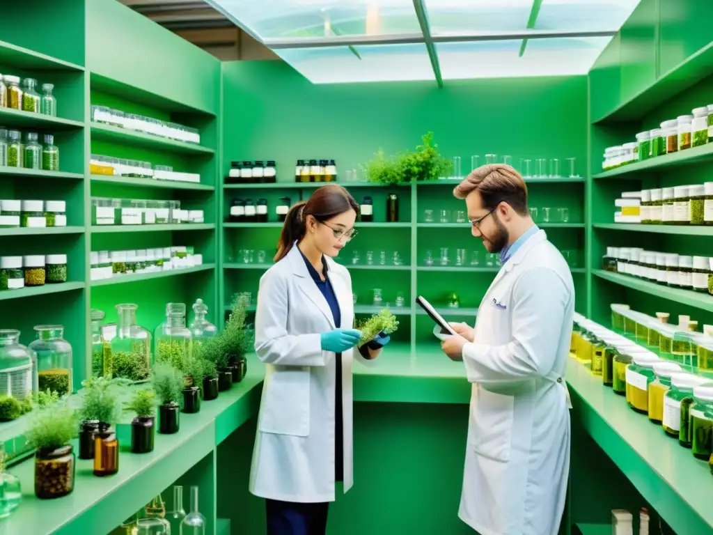 Un laboratorio lleno de científicos en batas blancas inspeccionando suplementos de hierbas, cumpliendo con las normas calidad producción