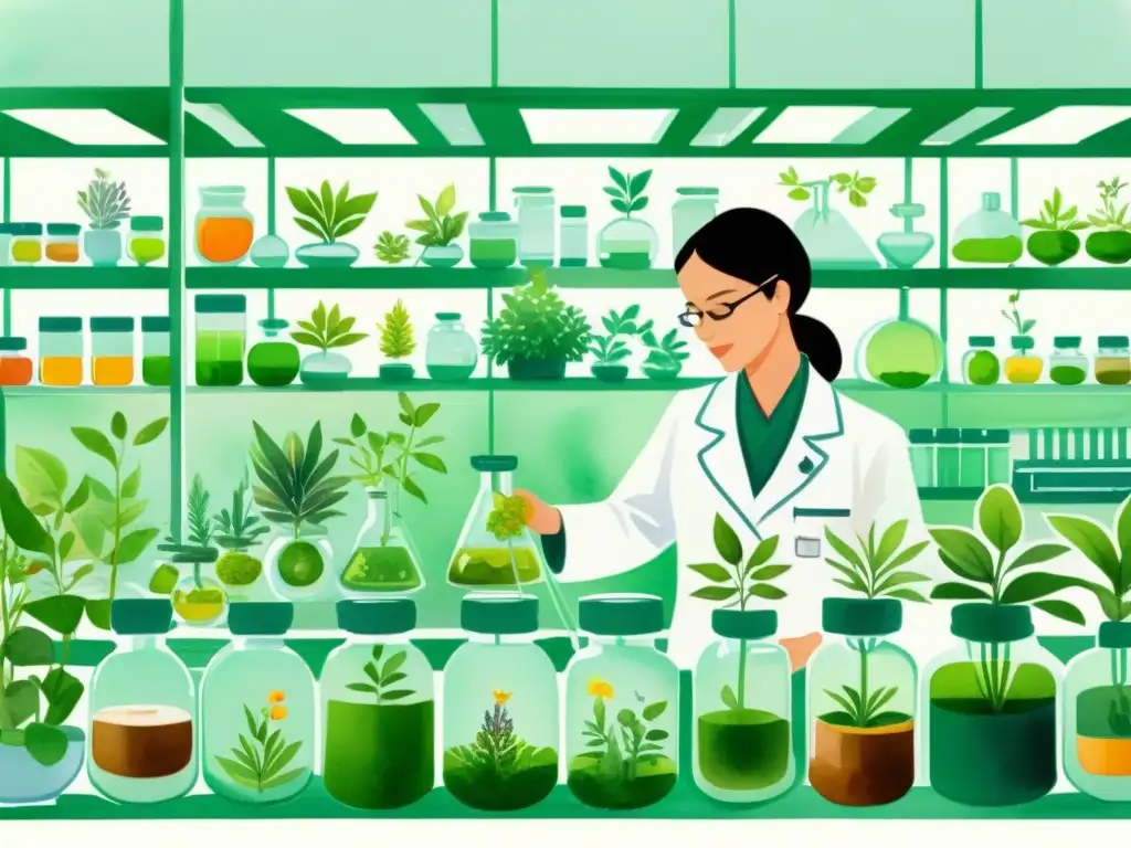 Un laboratorio moderno con científicos y cultivo de compuestos medicinales en plantas vibrantes