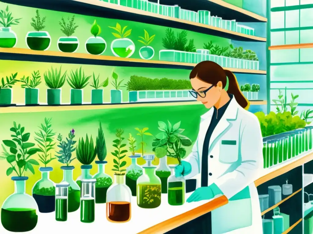 Un laboratorio moderno con científicos estudiando plantas medicinales