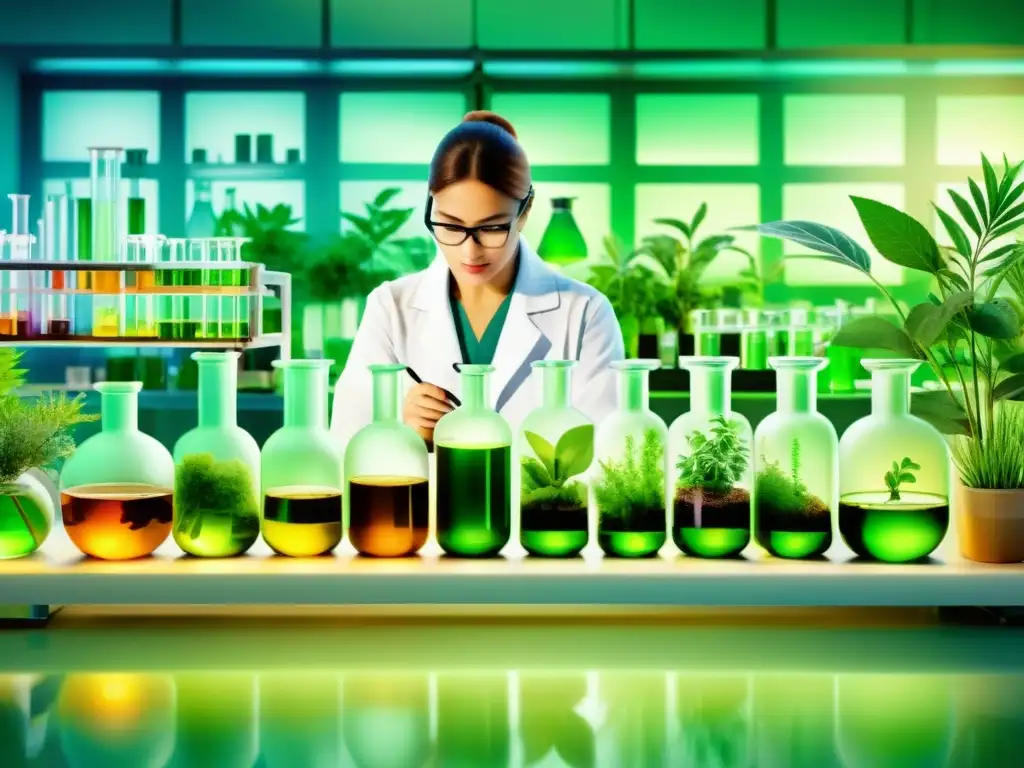 Un laboratorio moderno lleno de vegetación, fusionando la medicina herbal tradicional con técnicas avanzadas de farmacognosia en plantas medicinales modernas