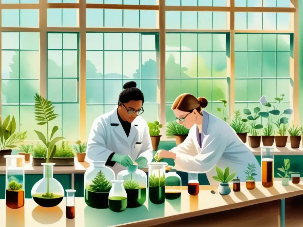 Un laboratorio sereno donde científicos extraen compuestos de plantas medicinales, con luz natural creando atmósfera de investigación científica