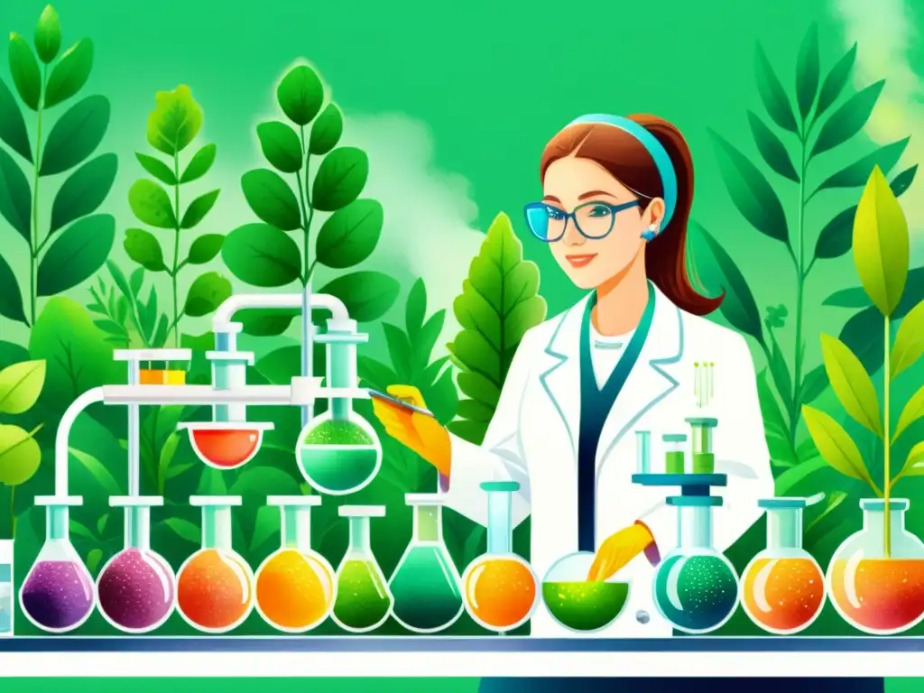 Un laboratorio vibrante donde científicos extraen fitonanopartículas de plantas, mostrando la armonía entre naturaleza y tecnología