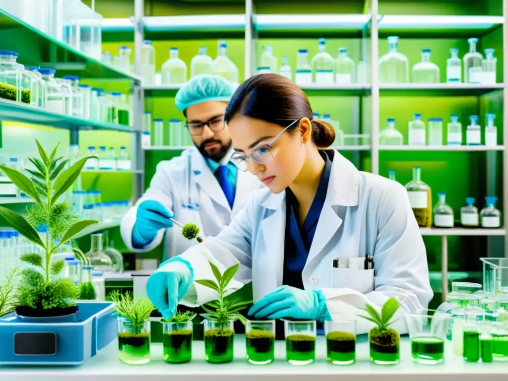 Un laboratorio vibrante con científicos criopreservando germoplasma de plantas medicinales mediante instrumentos precisos y delicadas especies vegetales