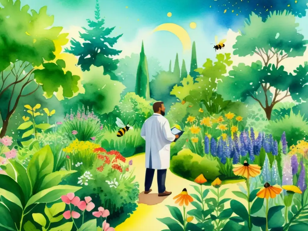 Jardín botánico lleno de plantas medicinales, abejas y científico extrayendo aceites esenciales