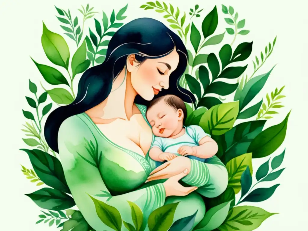 Una madre serena amamantando a su bebé en medio de exuberante vegetación, evocando cuidado maternal y belleza natural