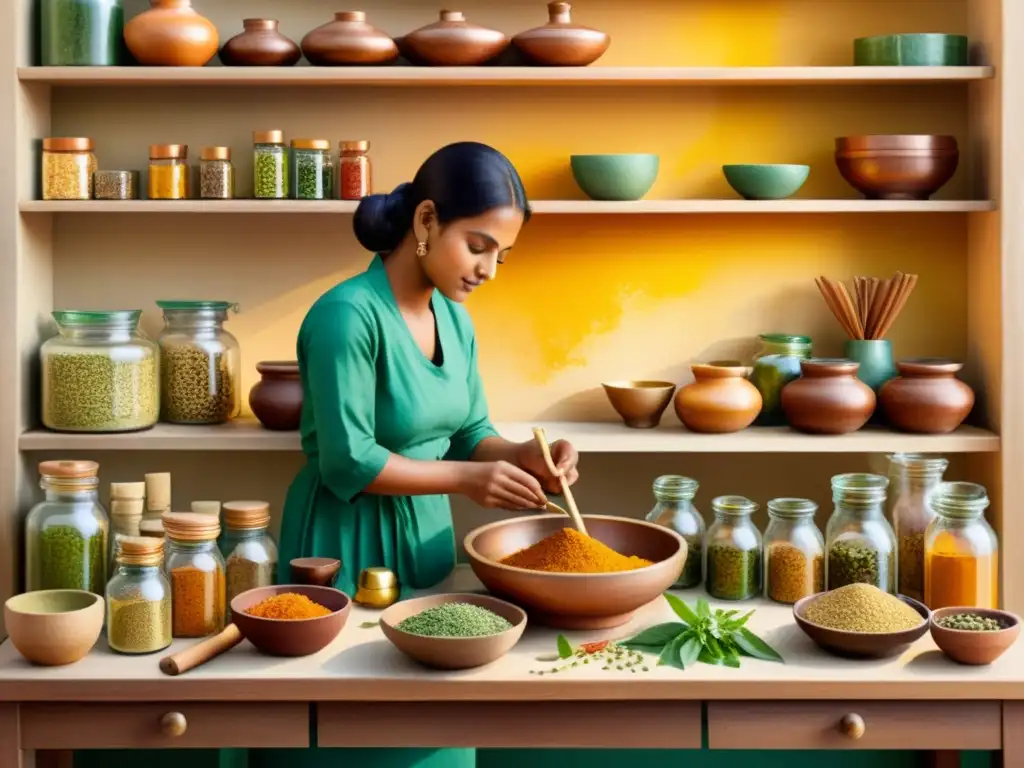 Un maestro en medicina ayurveda mezcla hierbas y especias en un mortero y rodeado de instrumentos tradicionales, bañado en cálido y dorado resplandor