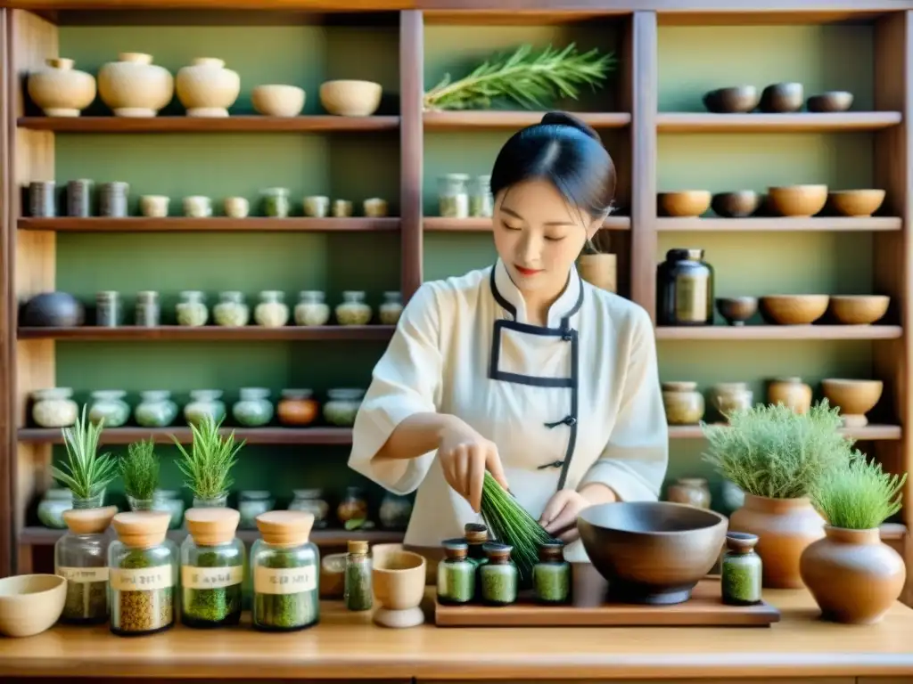 Un maestro de medicina tradicional china prepara romero con cuidado en una habitación tranquila y soleada, rodeado de ingredientes medicinales