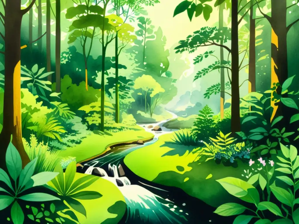 Majestuosa ilustración acuarela de un exuberante bosque con plantas medicinales, destacando la nanotecnología en plantas medicinales