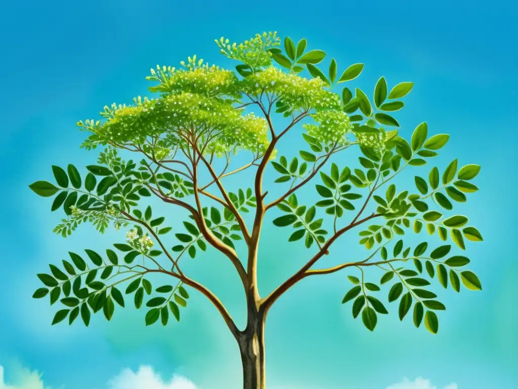 Majestuoso árbol de moringa verde en acuarela, simbolizando vitalidad y paz