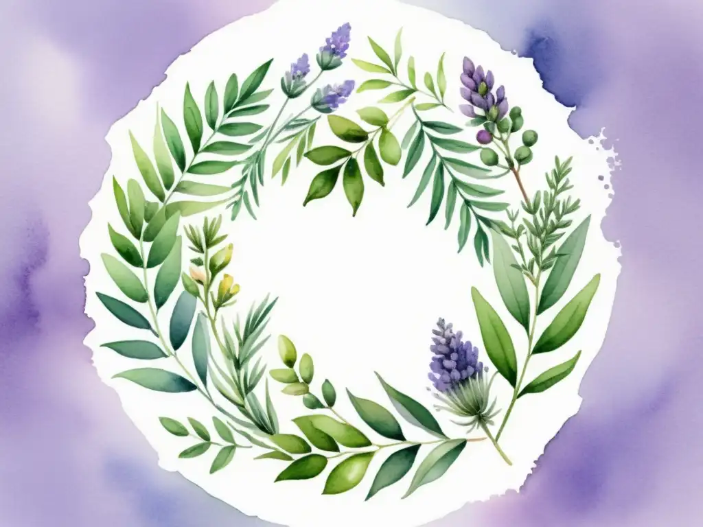 Un mandala acuarela de plantas aromáticas como lavanda, romero y eucalipto