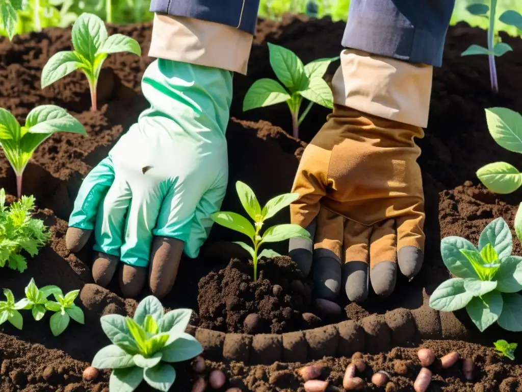 Unas manos cuidadosas preparan el suelo oscuro para el cultivo orgánico de plantas medicinales, creando un ambiente sereno y saludable