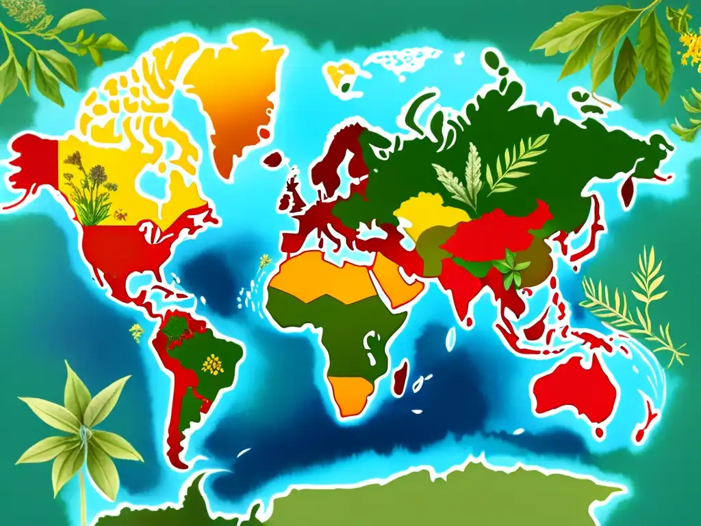 Un mapa mundial detallado con plantas medicinales de distintas regiones del mundo