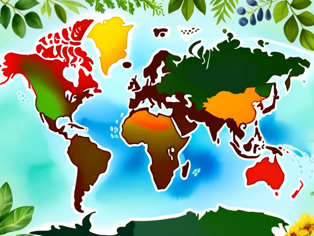 Mapa mundial de plantas medicinales entrelazadas, representando la globalización de plantas medicinales con colores vibrantes y detalles meticulosos