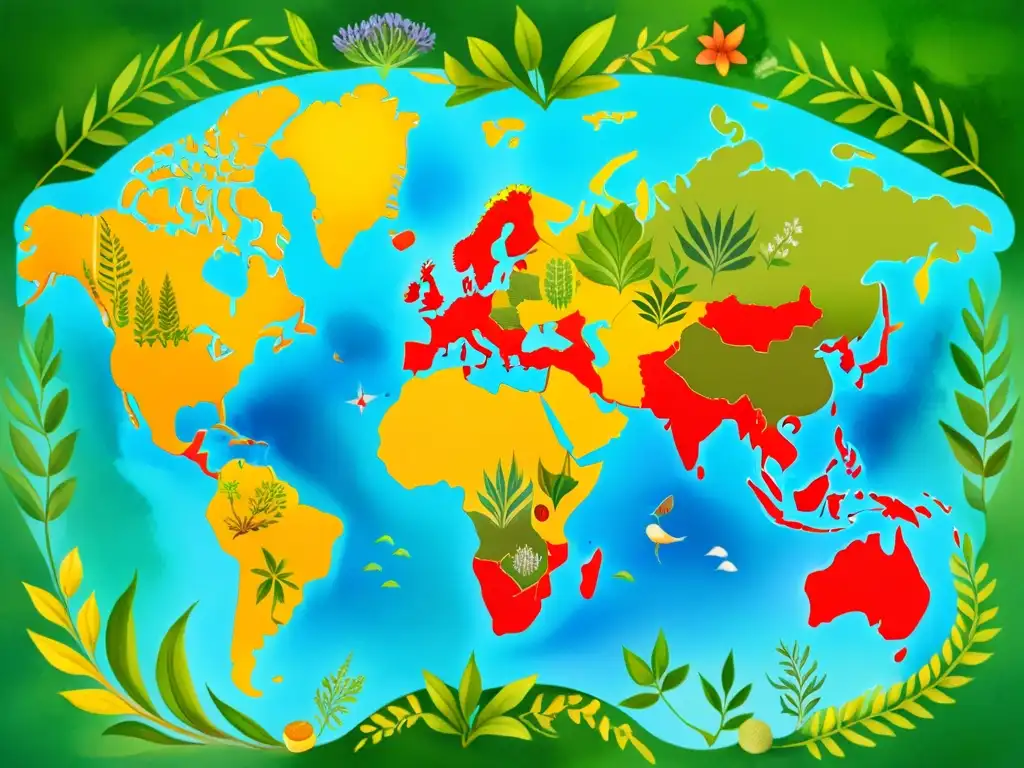 Mapa mundial rodeado de plantas medicinales, simbolizando regulaciones internacionales en la exportación de plantas medicinales