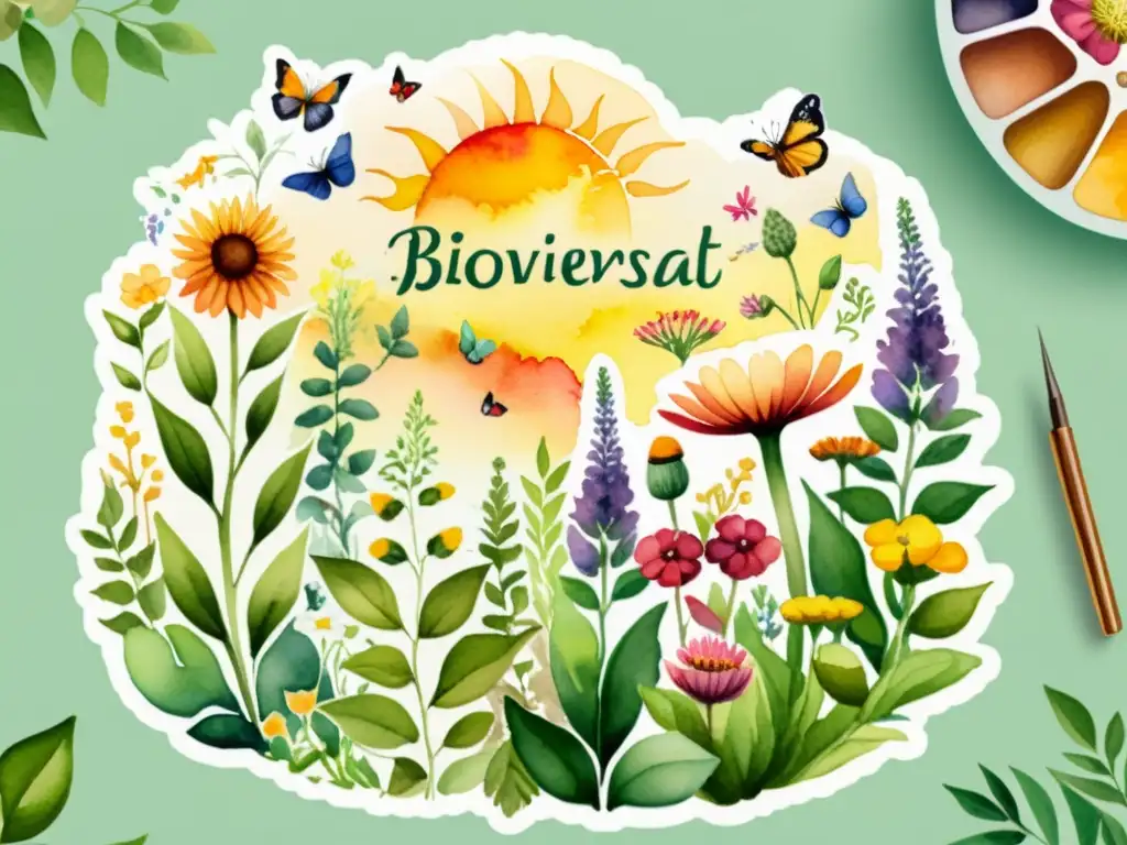 Un jardín medicinal biodiverso con plantas, flores coloridas, vida silvestre y luz cálida