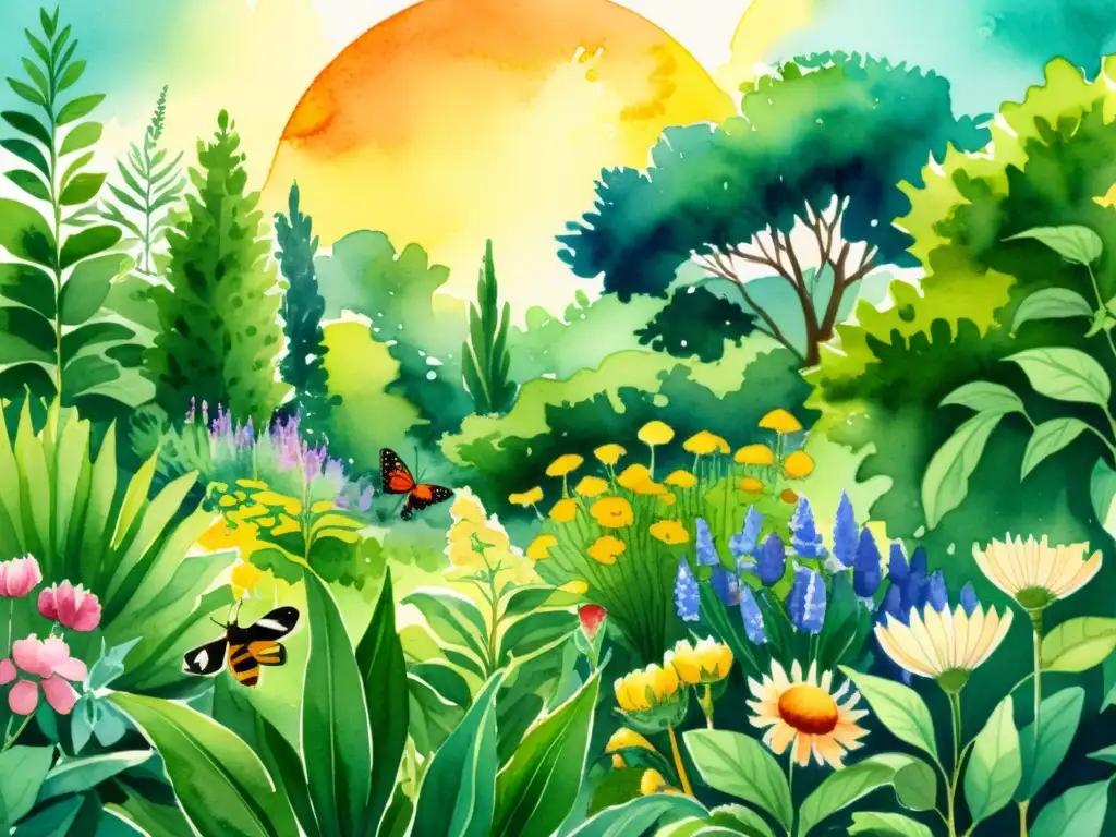Un jardín medicinal biodiverso rebosante de vida, con plantas, abejas y mariposas