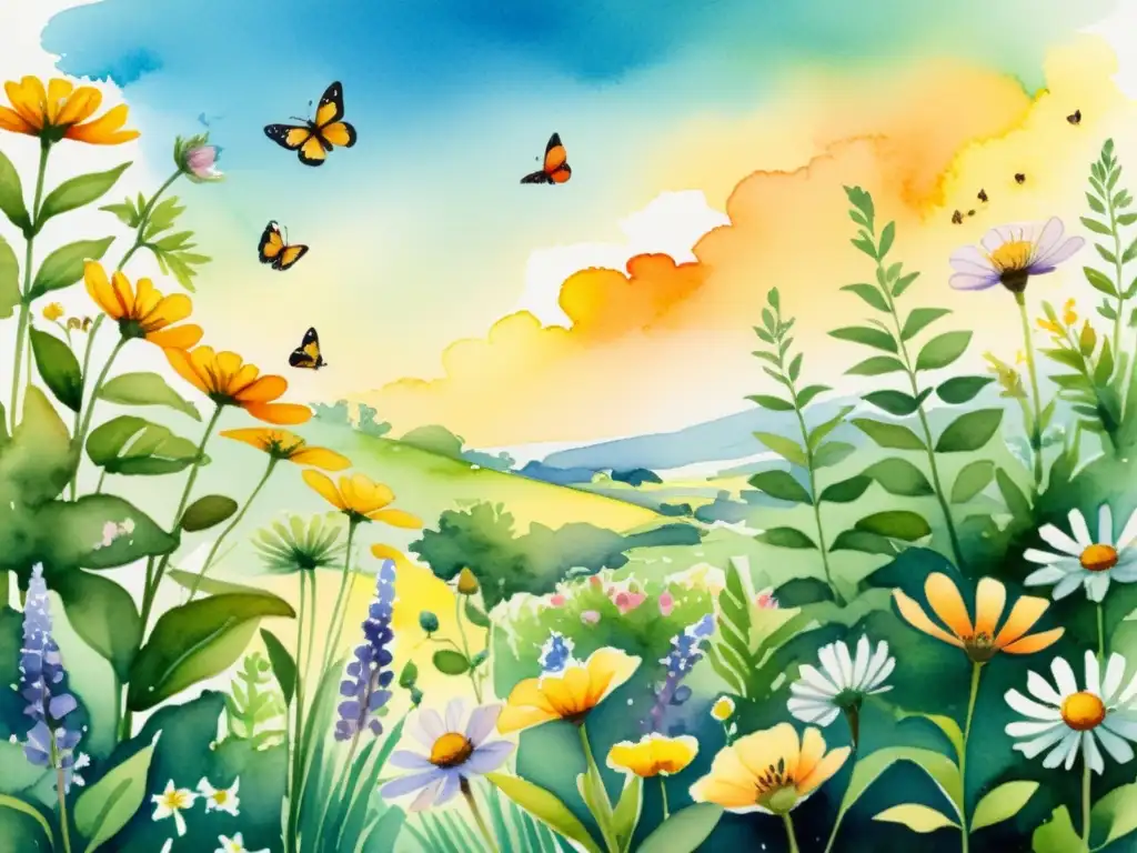 Un jardín medicinal diverso y vibrante, con mariposas y abejas entre las plantas