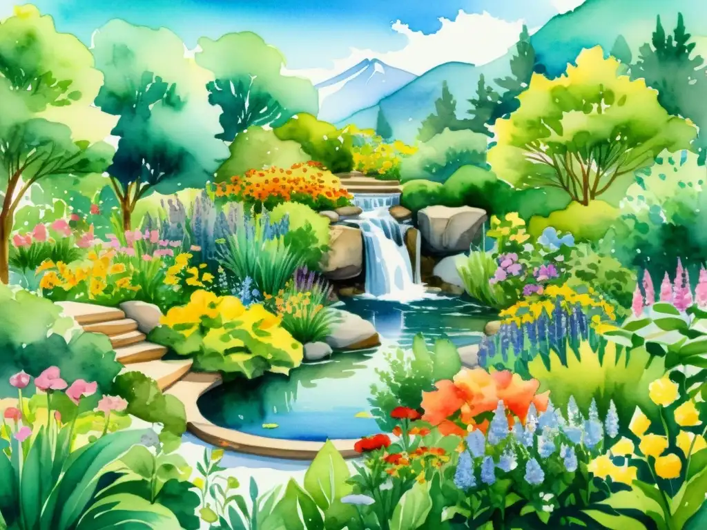 Un jardín medicinal estacional bellamente ilustrado, con cascada y vida silvestre