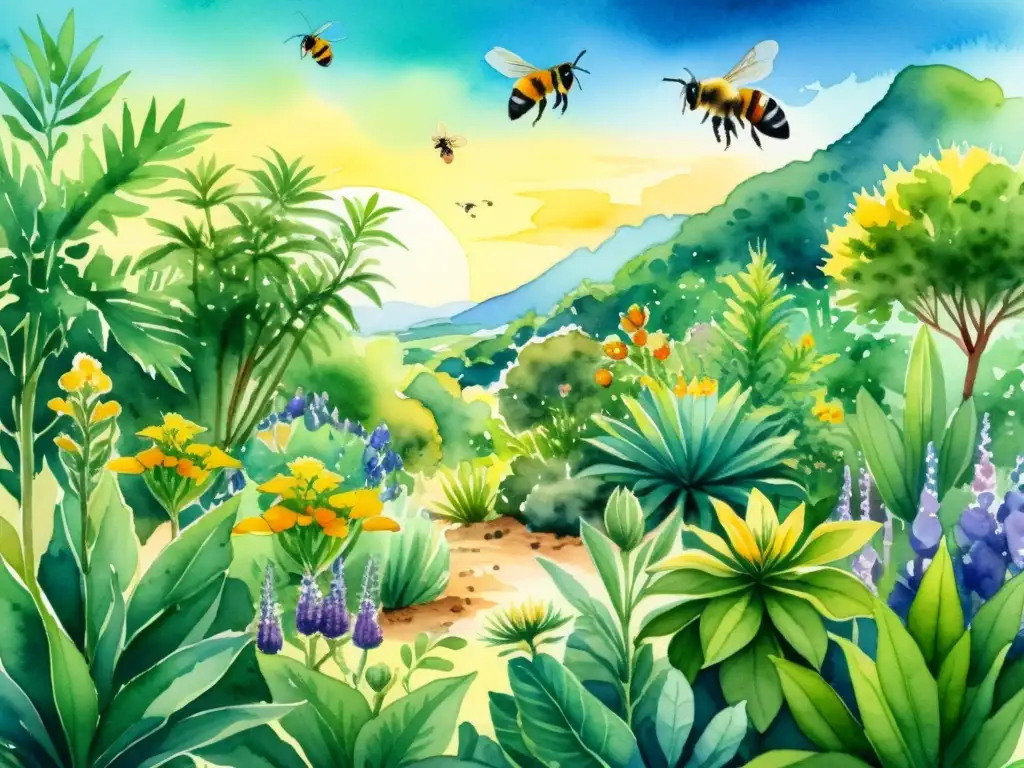 Jardín medicinal biodiverso: ilustración detallada en acuarela Un jardín medicinal exuberante y biodiverso, con plantas adaptadas a diferentes climas
