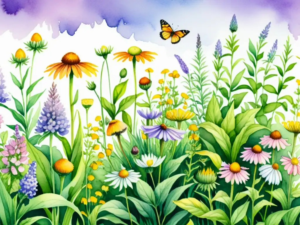 Un jardín medicinal exuberante con plantas vibrantes y diversidad de colores, enriquecido por suelos preparados con esmero